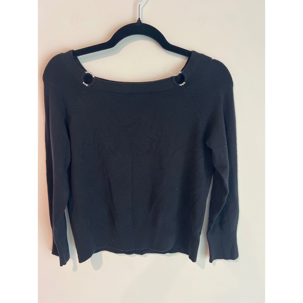 Hampshire Studio Women's Size PM Petite Black Rhinestone Boat‎ Neck Sweater